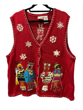 Vintage White Stag Ugly Christmas Sweater Vest Red Reindeer Ski Snowboard 18/20W